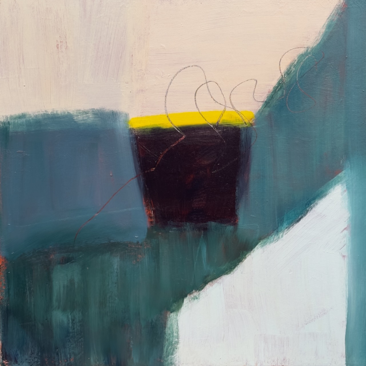 an abstract painting with forest green, black, and off white accented by yellow