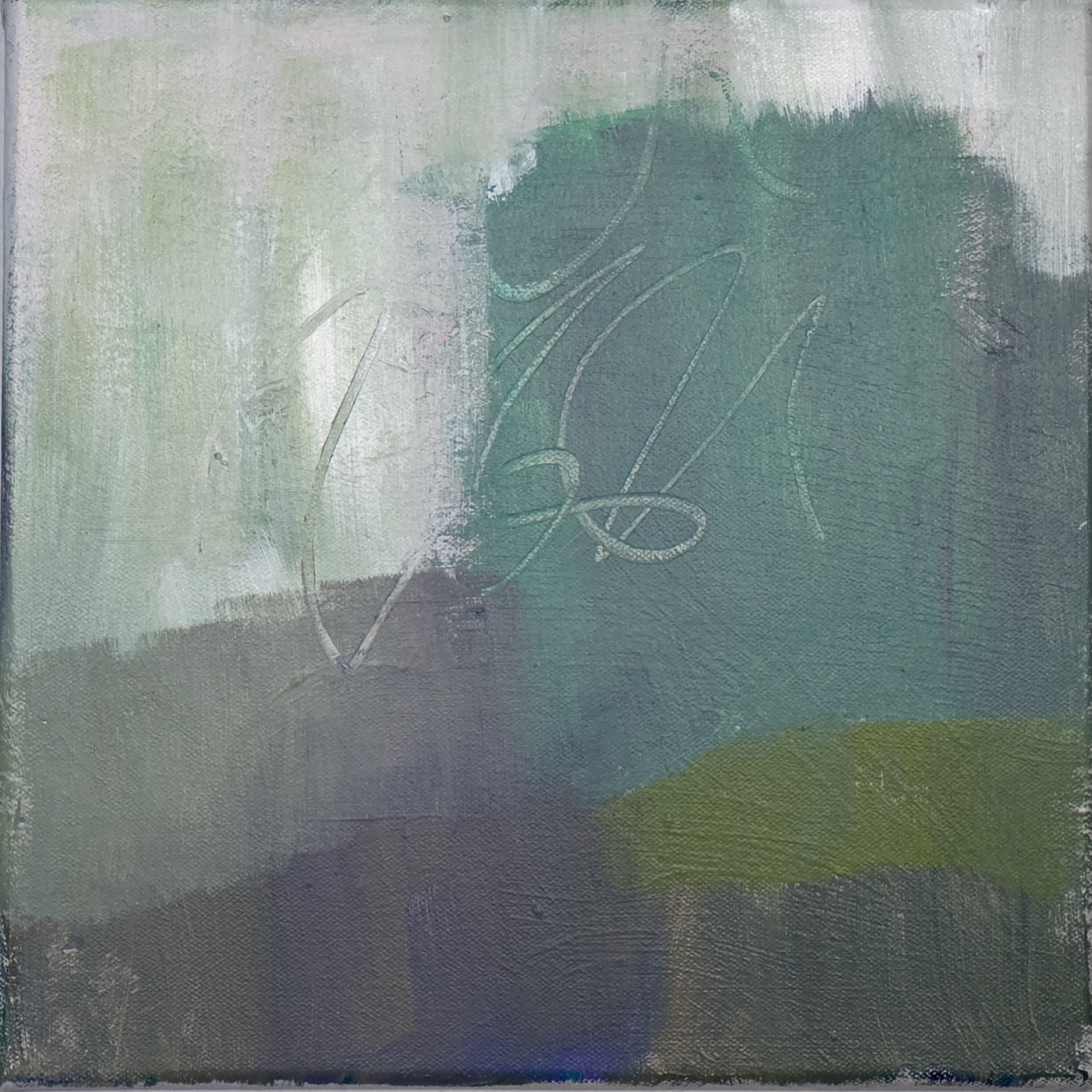 Abstract landscape painting in teal, purple, gray and white