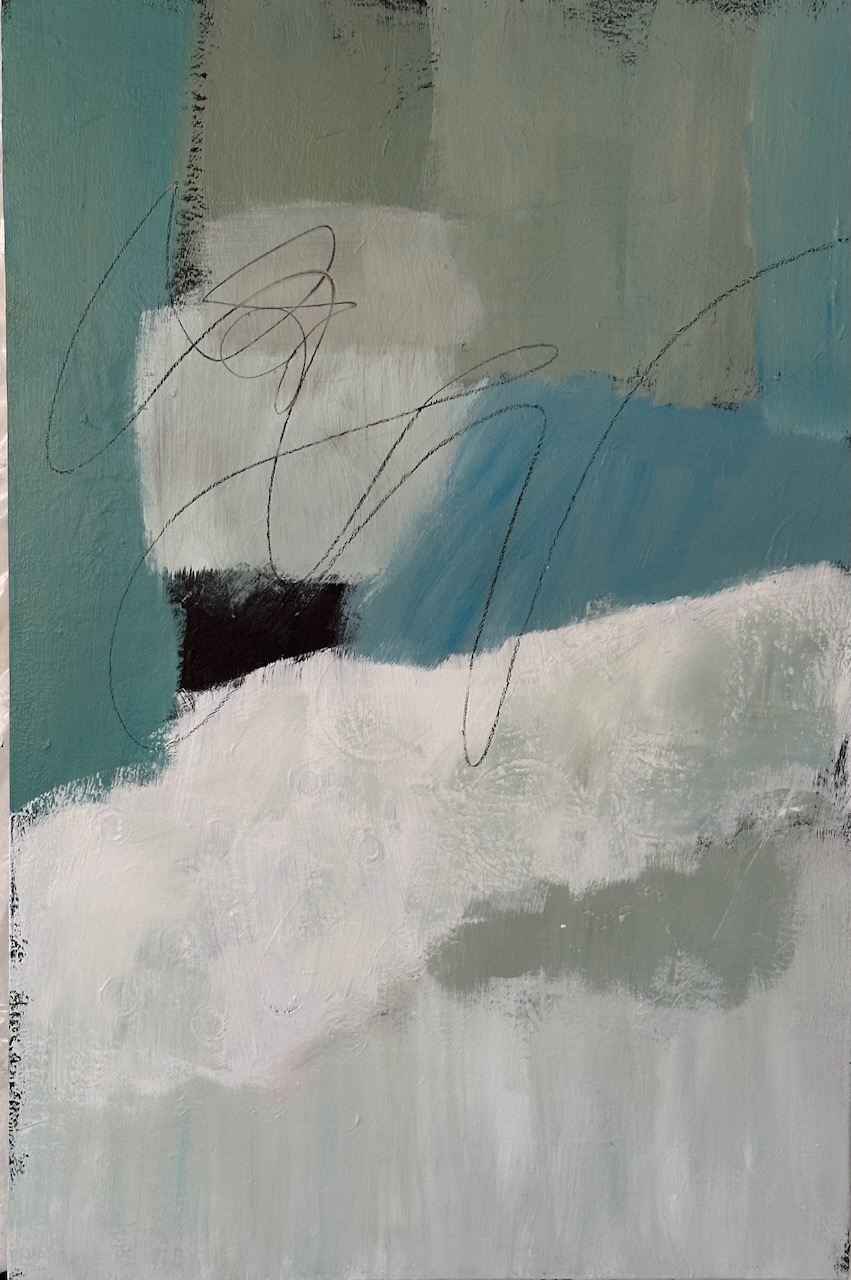 abstract acrylic painting in off white, turquoise, and warm gray